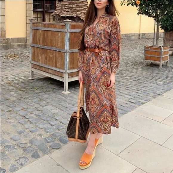 Zara Bohemian Print Side Slit V-Neck Maxi Dress Tunic - Picture 9 of 12